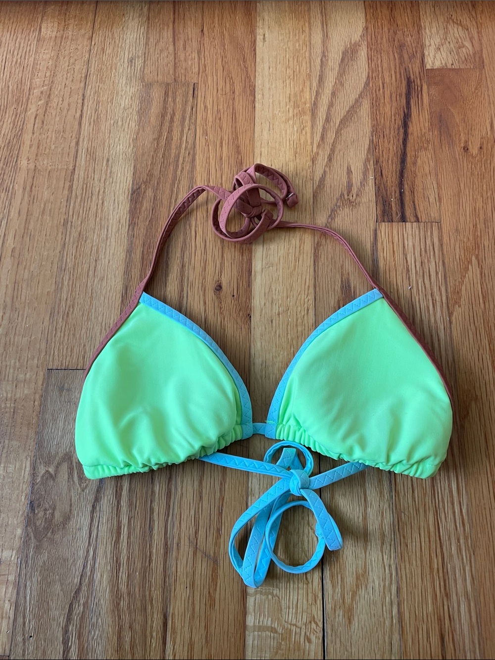 aerie Neon Green Triangle Bikini Top with Blue Trim and Pink Straps